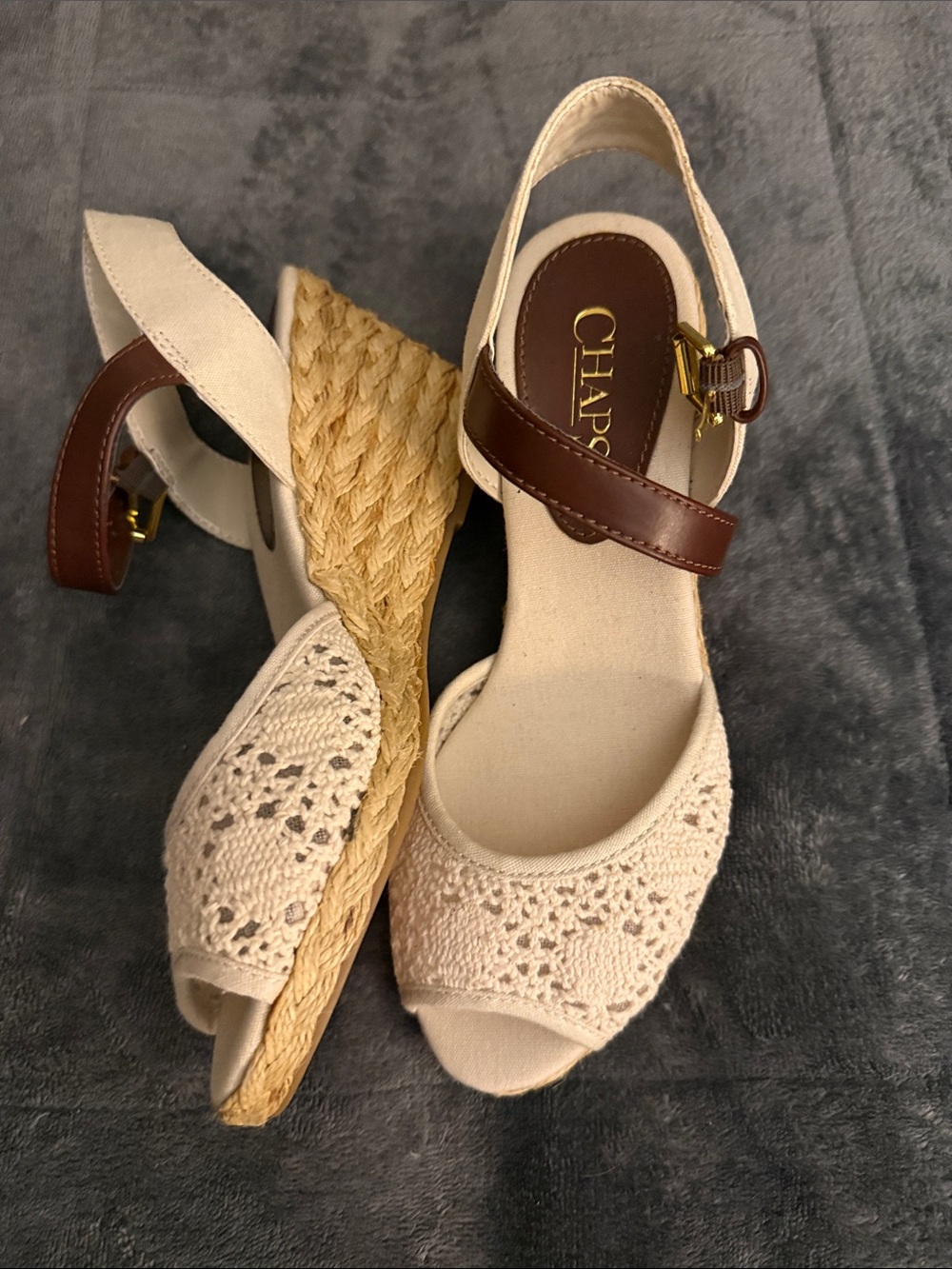 Chaps Cream Crochet Espadrille Wedges with Brown Ankle Strap - Picture 2 of 6
